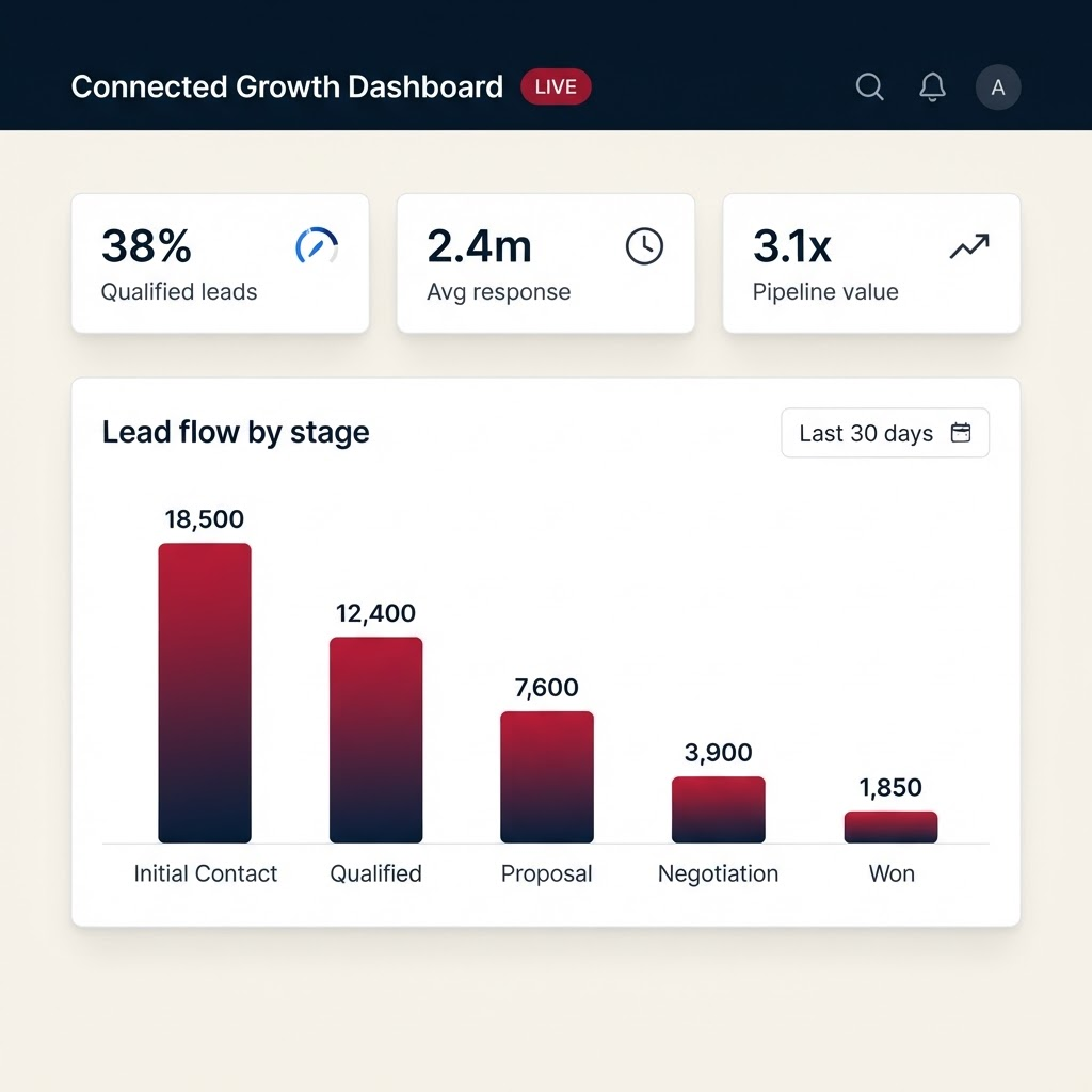 Connected Growth Dashboard showing qualified leads, response time, and pipeline value metrics with lead flow visualization